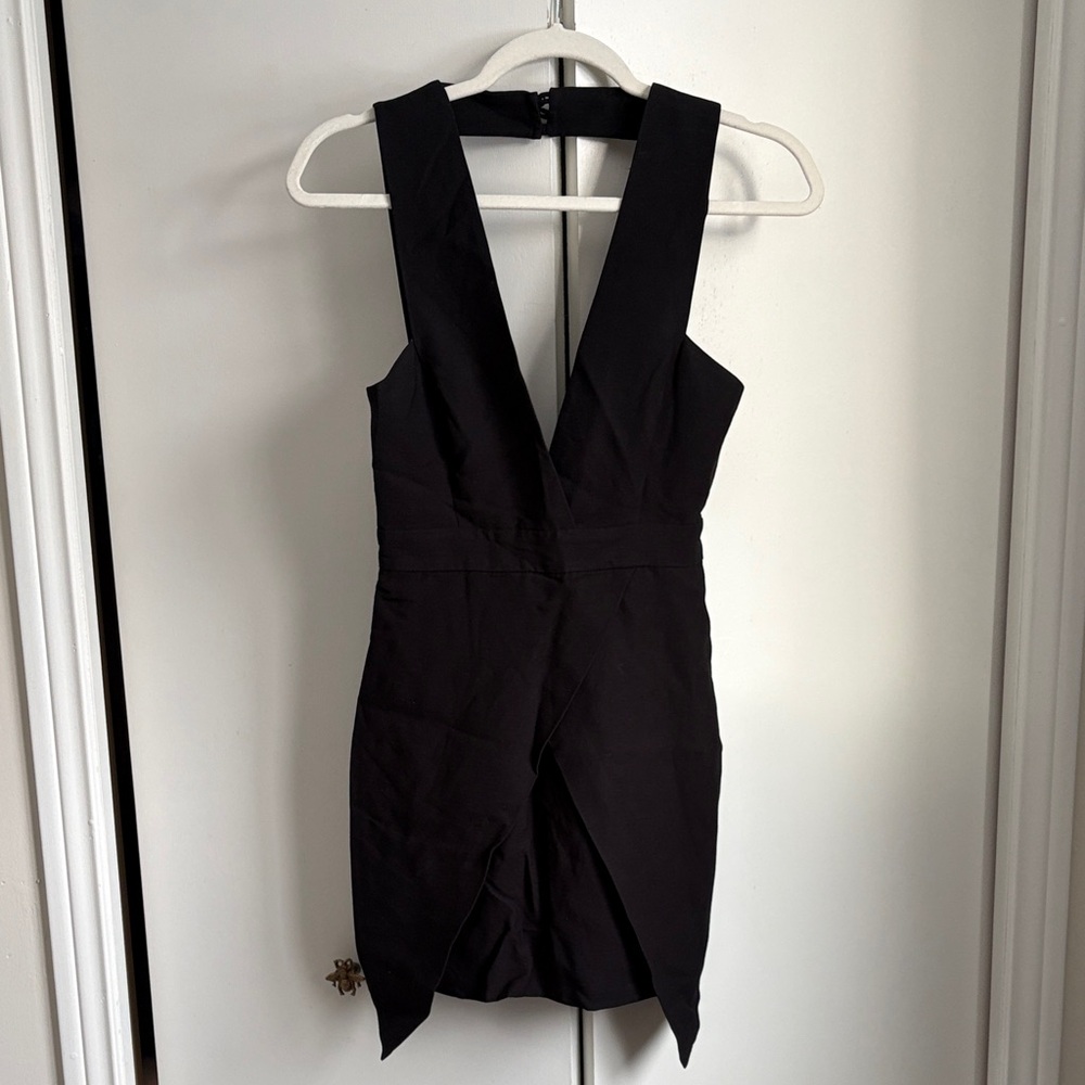 Finders Keepers Little Black Backless Dress with Button Neck